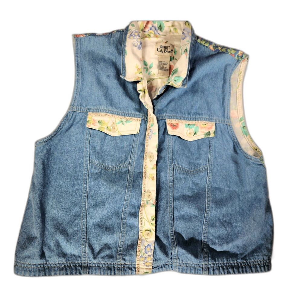 Koret City Blues Vintage Floral Denim Vest XL 80's 90's Cottagecore Feminine - Picture 2 of 9